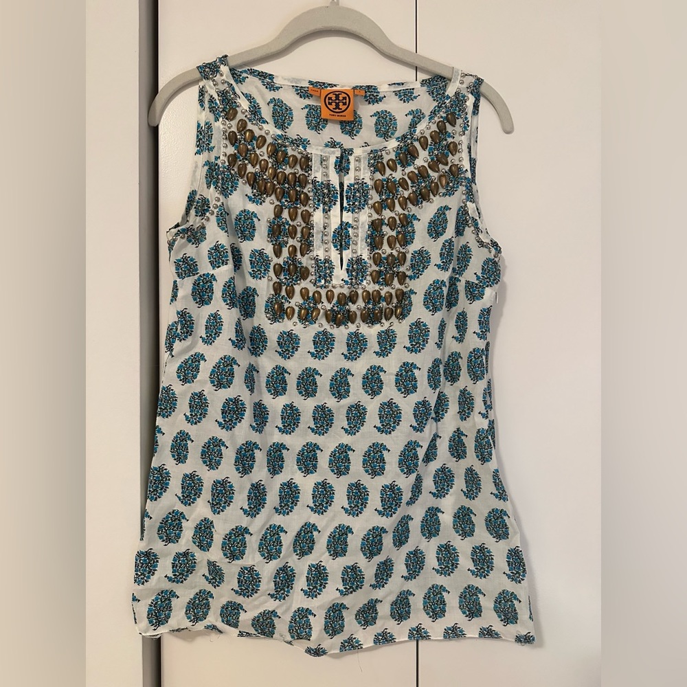 Tory Burch Printed and Embellished Cotton Voile Shell